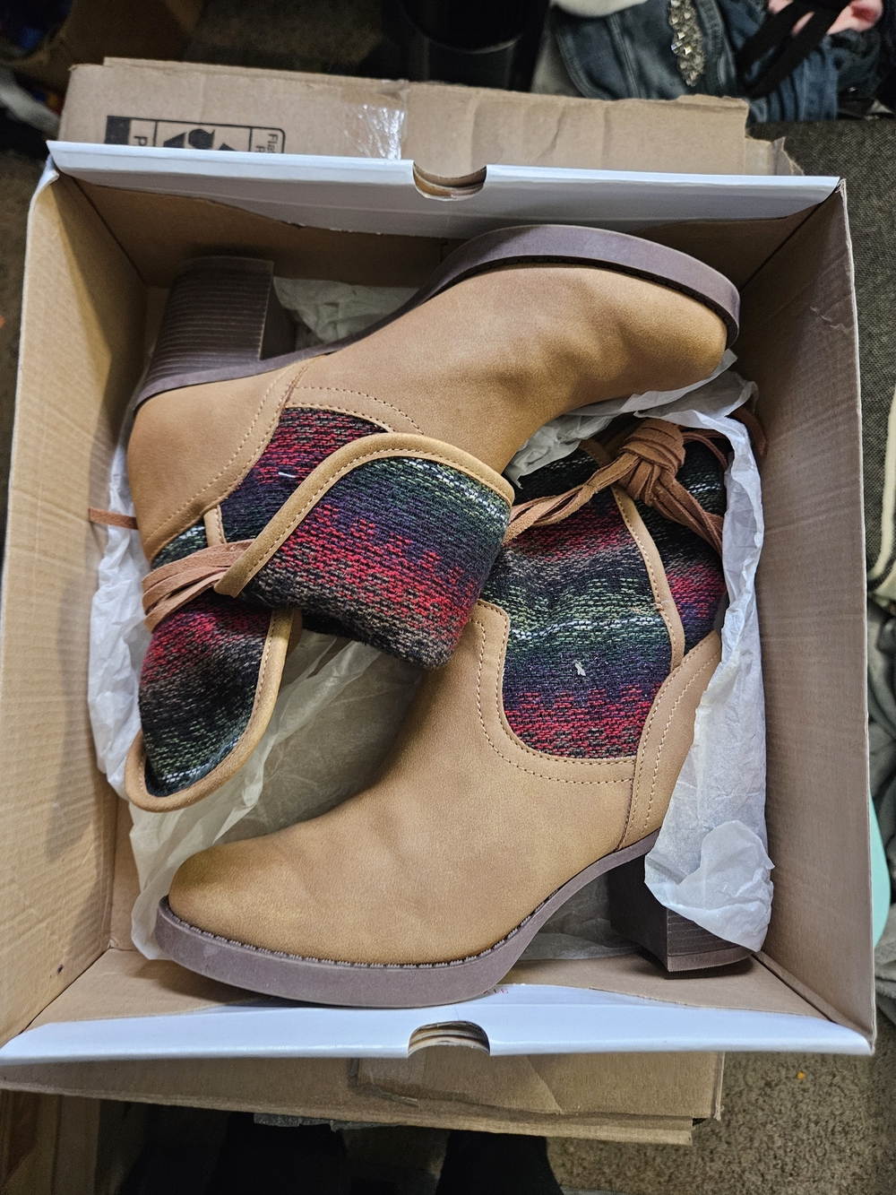 Sugar Tan Ankle Boots with Multicolor Knit Panels